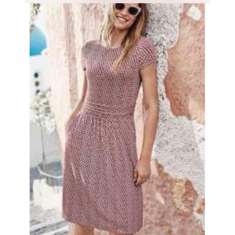 Boden Amelie Jersey Dress Size 2R Pink Navy Floral Fit Flare Midi Pockets